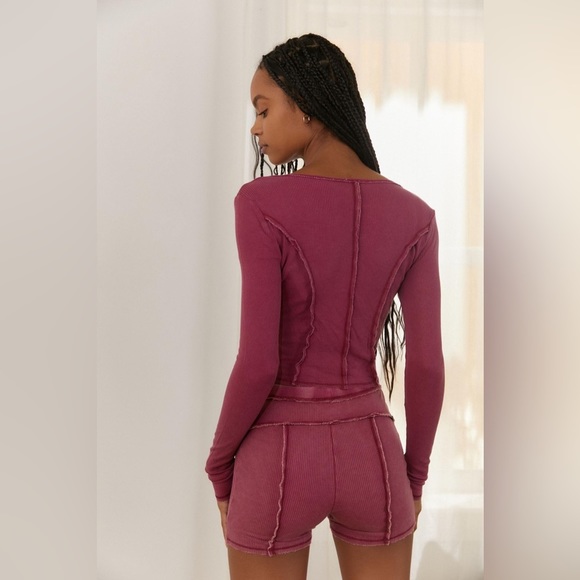 Urban Outfitters Out From Under Seamed Long Sleeve Henley Top in Berry - Picture 3 of 3